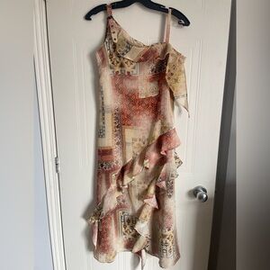 Vintage Print Ruffle Midi Dress Size 38 Romantic Soft European Feminine